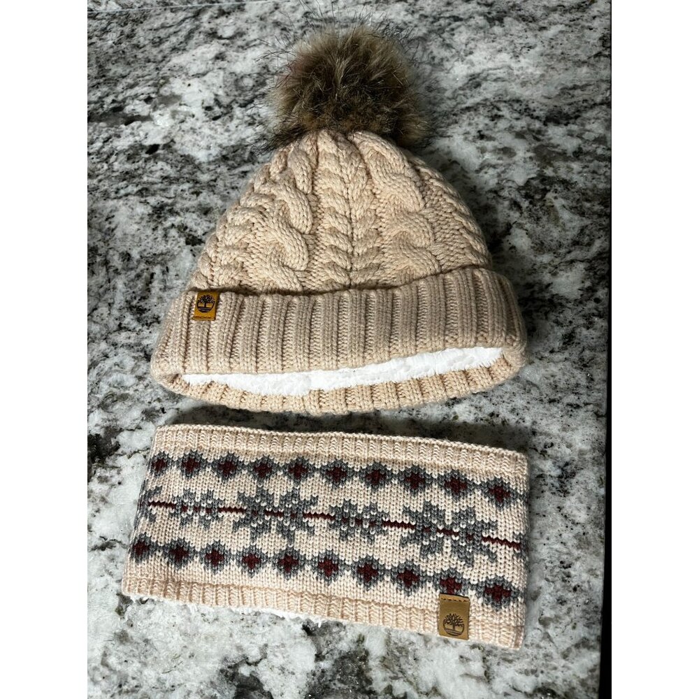 Timberland Womens Autumn Woods Cable Beanie with Pom & Headband OS